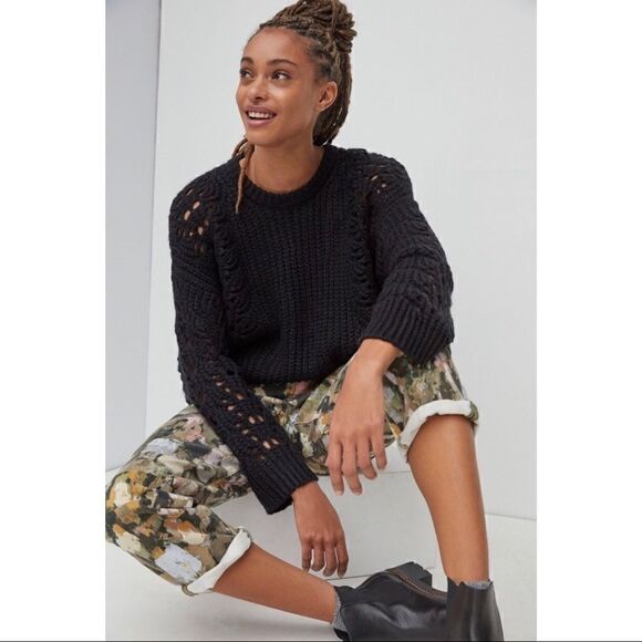NEW Anthropologie Pilcro Devenne Pointelle Black Sweater Tunic Large Petite - Picture 1 of 4